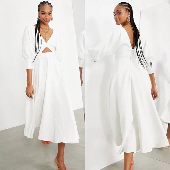 Asos Edition Women 4 Dress White Blouson Sleeve Midi Texture Cutout NEW FLAW - Picture 1 of 8